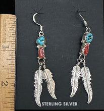 Load image into Gallery viewer, Turquoise Nugget &amp; Red Coral Sterling Silver Feather Earrings
