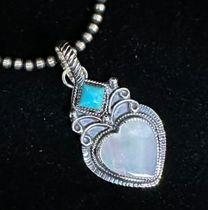 Mother of Pearl and Turquoise Sterling Silver Heart Necklace Pendant