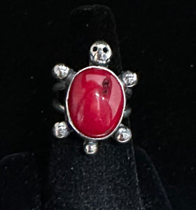 Red Coral Sterling Silver Turtle Ring