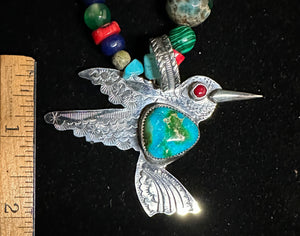 Sonoran Mountain Turquoise & Red Coral Sterling Silver Hummingbird Necklace Pendant
