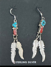 Load image into Gallery viewer, Turquoise Nugget &amp; Red Coral Sterling Silver Feather Earrings

