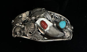 Turquoise and Red Coral Bear Claw Sterling Silver Bracelet