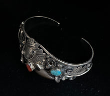 Load image into Gallery viewer, Turquoise and Red Coral Bear Claw Sterling Silver Bracelet
