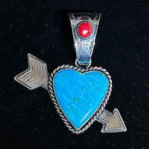 Turquoise & Red Coral Sterling Silver Heart Necklace Pendant
