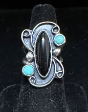 Load image into Gallery viewer, Black Onyx &amp; Turquoise Sterling Silver Ring
