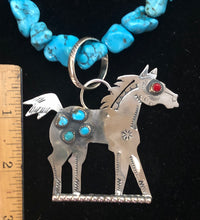 Load image into Gallery viewer, Turquoise &amp; Red Coral Sterling Silver Horse Necklace
