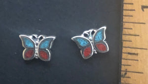 Inlaid Turquoise & Red Coral Sterling Silver Butterfly Earrings