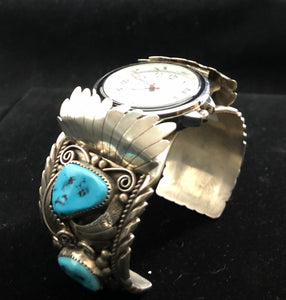 Turquoise nugget sterling silver watch cuff bracelet
