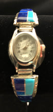 Load image into Gallery viewer, Turquoise, Lapis and Opal inlay sterling silver watch band
