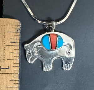 Turquoise Spiny, Oyster, Black Onyx Inlay Sterling Silver Bear Necklace Pendant