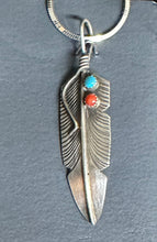 Load image into Gallery viewer, Turquoise &amp; Red Coral Sterling Silver Feather Necklace Pendant
