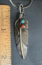 Load image into Gallery viewer, Turquoise &amp; Red Coral Sterling Silver Feather Necklace Pendant
