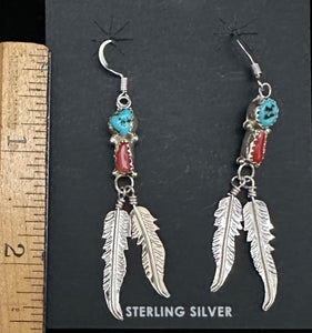 Turquoise Nugget & Red Coral Sterling Silver Feather Earrings