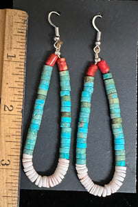 Turquoise, Coral, Conch Shell Sterling Silver Earrings