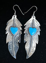 Load image into Gallery viewer, Turquoise Heart Sterling Silver Feather Earrings
