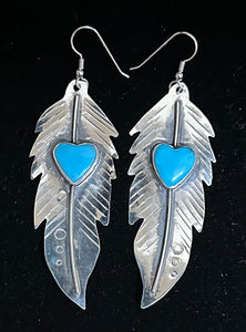 Turquoise Heart Sterling Silver Feather Earrings