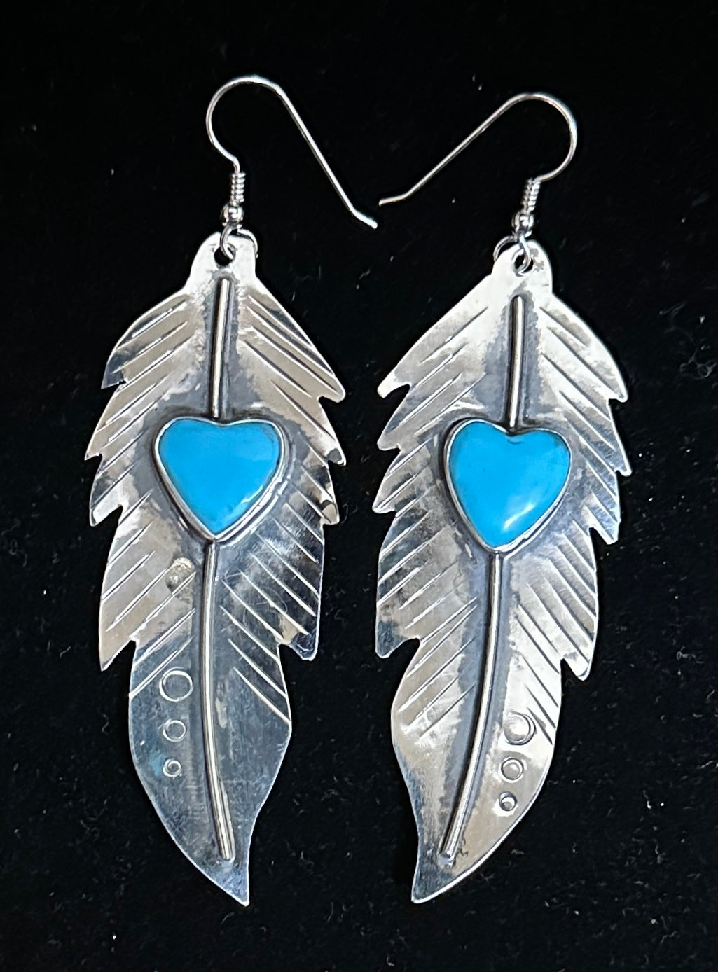 Turquoise Heart Sterling Silver Feather Earrings