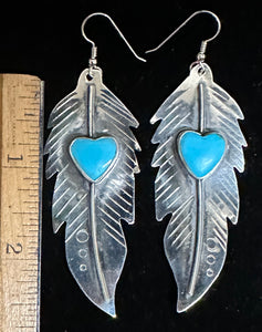 Turquoise Heart Sterling Silver Feather Earrings