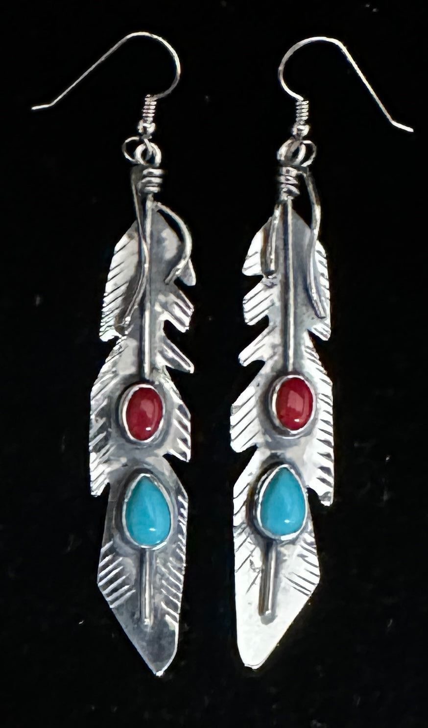 Turquoise and Red Coral Sterling Silver Earrings