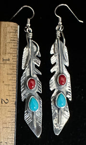 Turquoise and Red Coral Sterling Silver Earrings