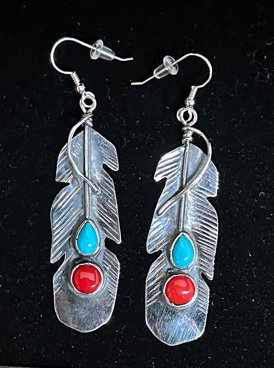 Turquoise and Red Coral Sterling Silver Feather earrings