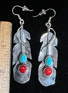 Turquoise and Red Coral Sterling Silver Feather earrings