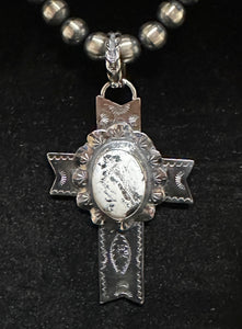 White Buffalo Turquoise Sterling Silver Cross Necklace Pendant