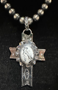 White Buffalo Turquoise Sterling Silver Cross Necklace Pendant