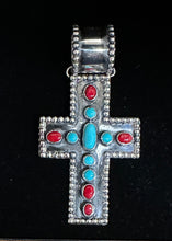 Load image into Gallery viewer, Turquoise and Red Coral Sterling Silver Cross Necklace
