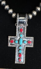 Load image into Gallery viewer, Turquoise and Red Coral Sterling Silver Cross Necklace
