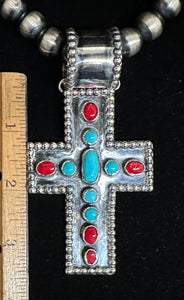 Turquoise and Red Coral Sterling Silver Cross Necklace