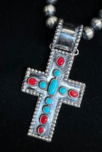 Load image into Gallery viewer, Turquoise and Red Coral Sterling Silver Cross Necklace
