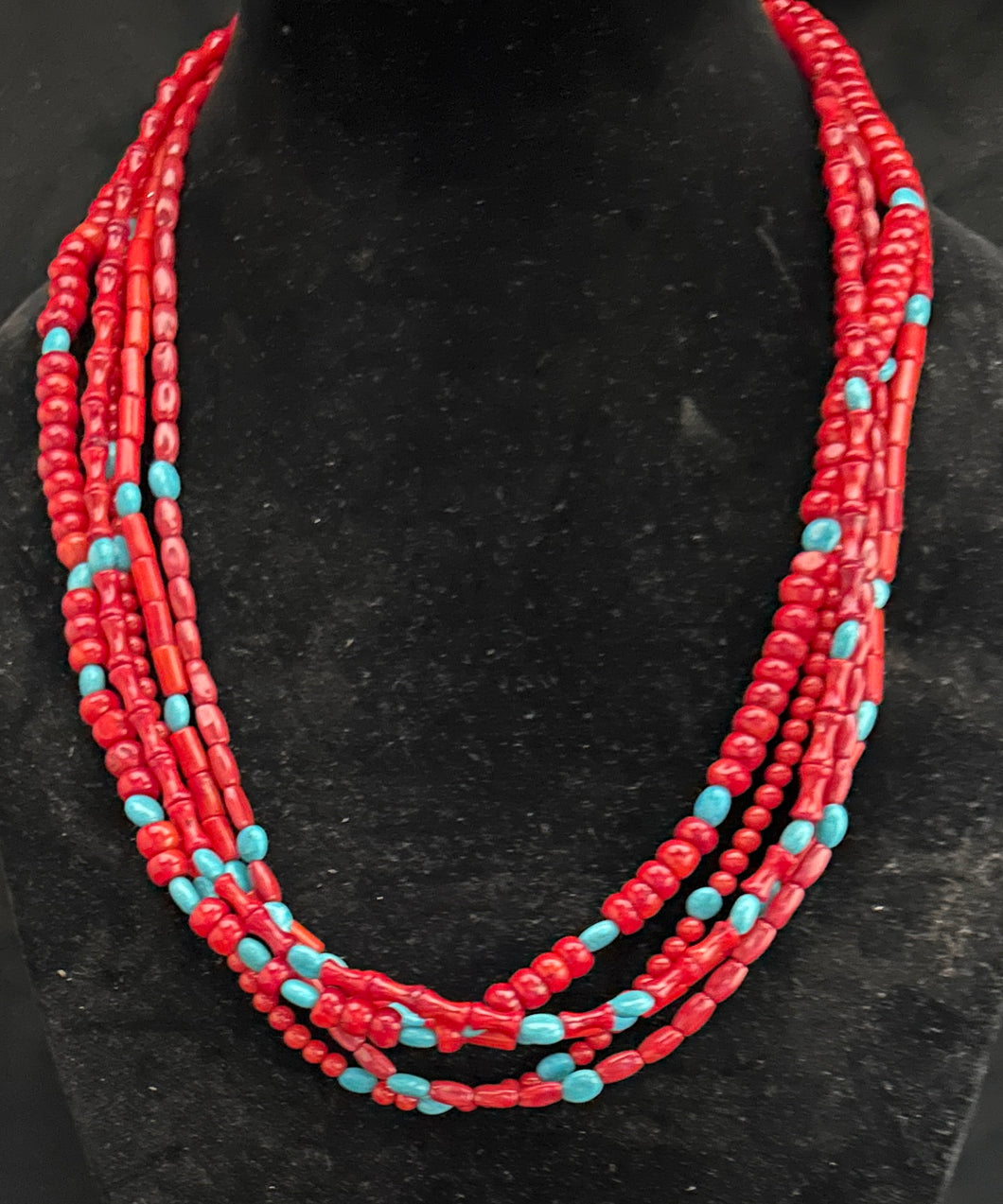 Five Strand Red Coral & Turquoise Necklace