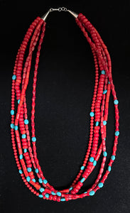 Five Strand Red Coral & Turquoise Necklace