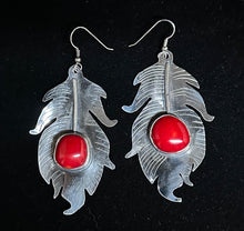 Load image into Gallery viewer, Red Coral Sterling Silver Feather Earrings
