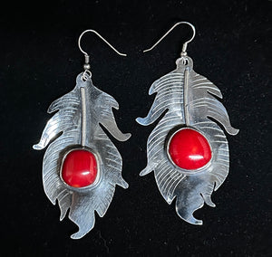 Red Coral Sterling Silver Feather Earrings