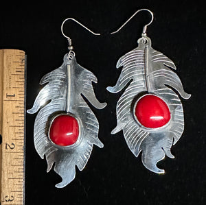 Red Coral Sterling Silver Feather Earrings