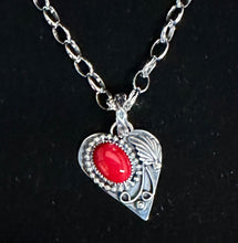 Load image into Gallery viewer, Red Coral Sterling Silver Heart Necklace Pendant
