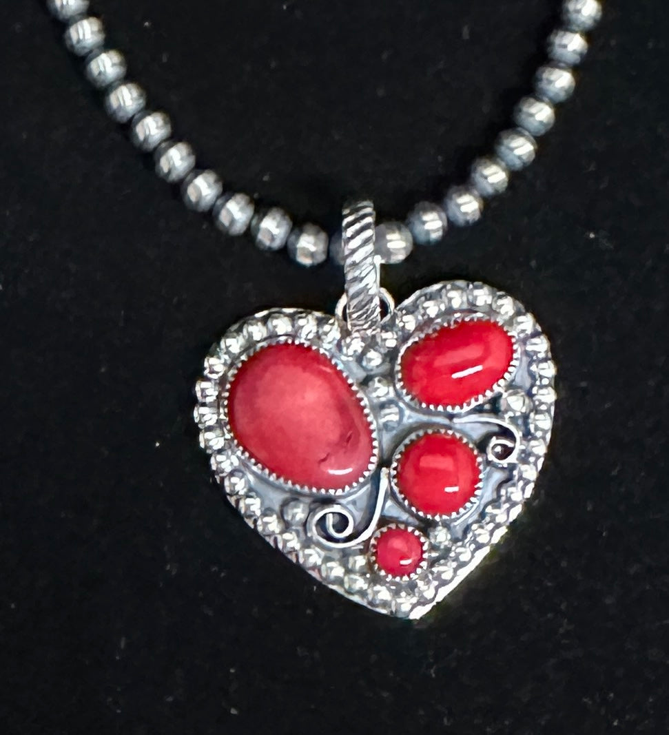 Red Coral Sterling Silver Heart Necklace