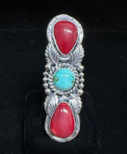 Load image into Gallery viewer, Sonoran Gold Turquoise &amp; Red Coral Sterling Silver Ring
