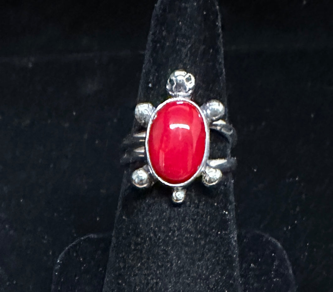 Red Coral Sterling Silver Turtle Ring