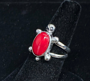 Red Coral Sterling Silver Turtle Ring