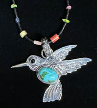 Load image into Gallery viewer, Sonoran Gold Turquoise &amp; Black Onyx Sterling Silver Hummingbird Necklace
