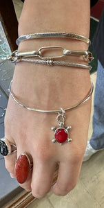 Red Coral Sterling Silver Turtle Charm Bangle Bracelet