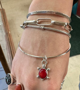 Red Coral Sterling Silver Turtle Charm Bangle Bracelet