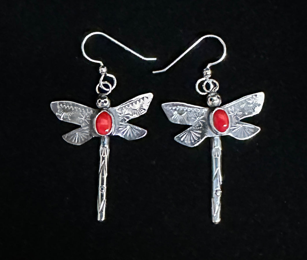 Red Coral Sterling Silver Dragonfly Earrings