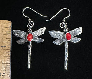 Red Coral Sterling Silver Dragonfly Earrings