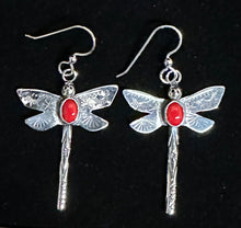 Load image into Gallery viewer, Red Coral Sterling Silver Dragonfly Earings
