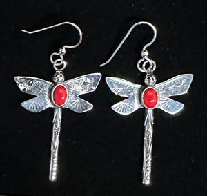 Red Coral Sterling Silver Dragonfly Earings