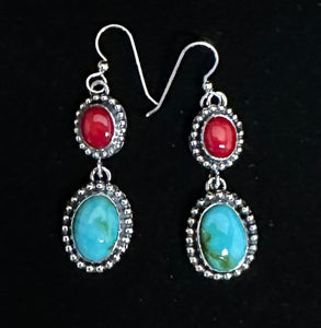 Sonoran Gold Turquoise and Red Coral Sterling Silver Earrings